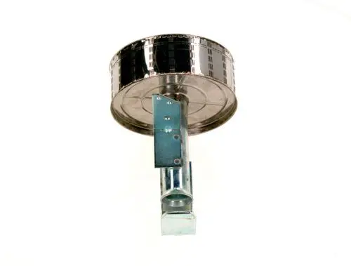 Kreisförmiger Metallbrenner von Bosch mit einem montierten Halter aus silberfarbenem Stahl. Der Brenner hat eine glatte Oberfläche und ist aufrecht positioniert.